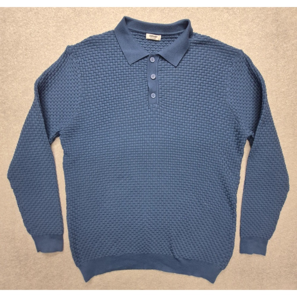 Coofandy Polo Shirt Mens 2XL Blue Textured Knit Long Sleeve Pullover Sweater